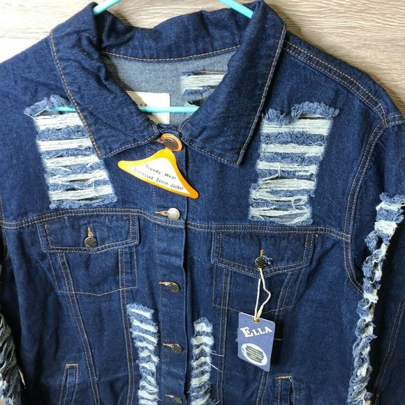 Ella Womens Size Large Dark Blue Distressed Denim Jacket NWT - Picture 2 of 7